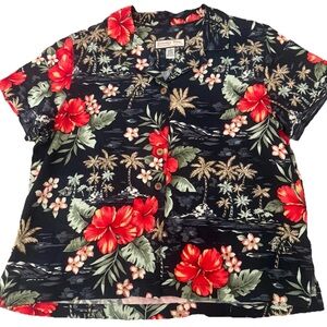 Vtg Jamaica Bay Womens L Shirt Hawaiin Button Down Dark Blue Floral Resort Beach